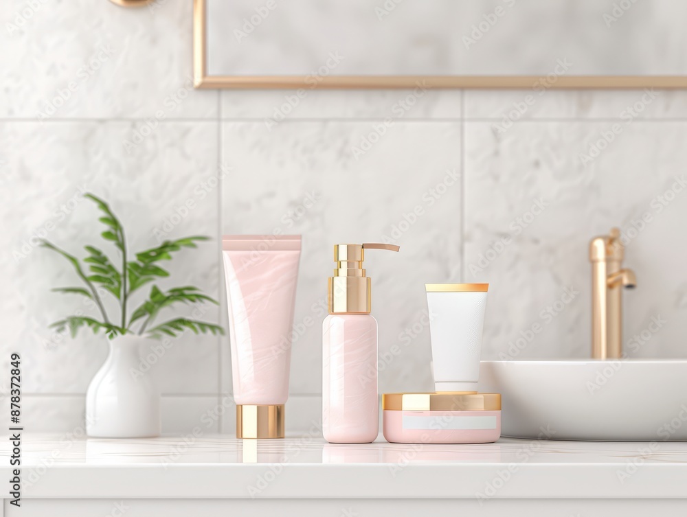 Fototapeta premium Elegant bathroom vanity with modern skincare products displayed on a marble countertop, complemented by a small potted plant and a gold faucet.