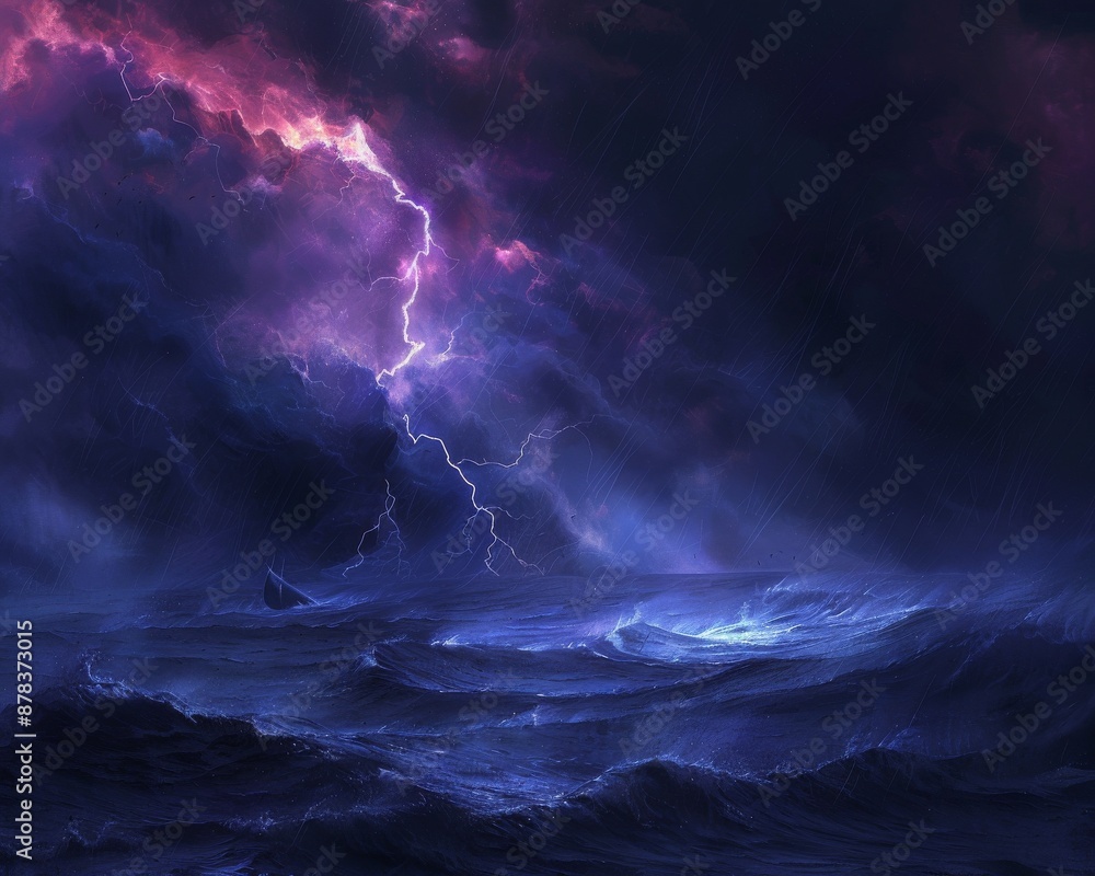 Fototapeta premium A dramatic stormy sky with lightning striking over a raging sea.