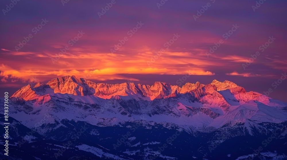 A dramatic sunset casts a vibrant orange glow over snow-capped mountain peaks. The sky is filled with colorful clouds, creating a breathtaking scene. A dramatic sunset casts a vibrant orange glow over snow-capped mountain peaks. The sky is filled with colorful clouds, creating a breathtaking scene.
