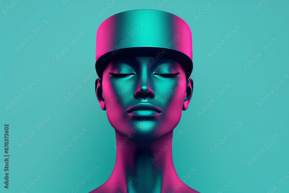 Futuristic neon sculpture of a serene face with closed eyes, bathed in vibrant teal and magenta lighting on a blue background. Futuristic neon sculpture of a serene face with closed eyes, bathed in vibrant teal and magenta lighting on a blue background.