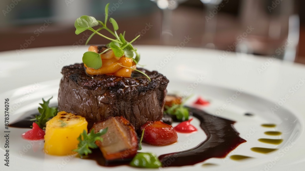 A gourmet dish beautifully plated with vibrant colors, showcasing a fine dining experience A gourmet dish beautifully plated with vibrant colors, showcasing a fine dining experience