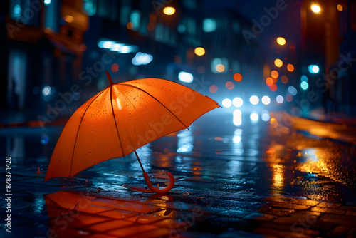 Wallpaper Mural A solitary red umbrella lies open on a wet city street at night, illuminated by colorful streetlights, evoking a sense of solitude and mystery. Torontodigital.ca