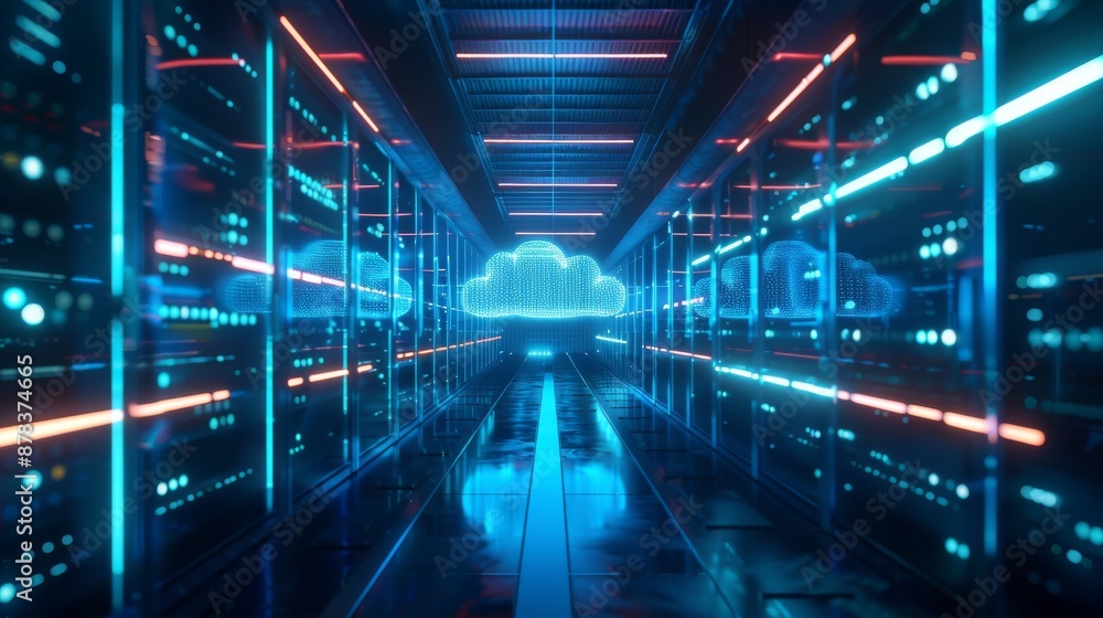 A futuristic server room with neon lights and a cloud icon, representing data storage and cloud computing. A futuristic server room with neon lights and a cloud icon, representing data storage and cloud computing.