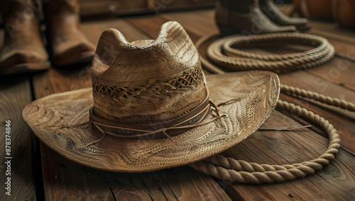 Close-up of a classic cowboy hat with a coiled rope and boots in the background on a wooden floor, symbolizing Western culture and lifestyle.