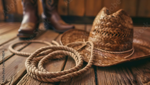Close-up of a cowboy hat, lasso, and boots sitting on a wooden floor, representing western lifestyle and ranching culture.