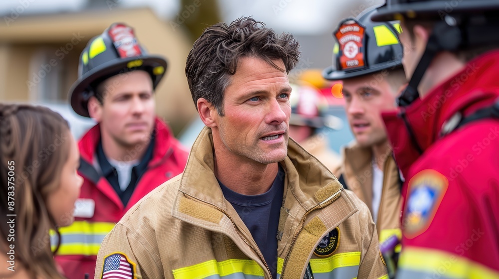 Obraz premium Firefighter explaining something to colleagues at work