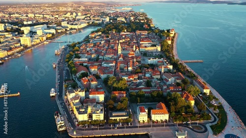 Aerial view of the Old Town of Zadar, Croatia. Aerial shot of Zadar old town, famous tourist attraction in Croatia. City of Zadar historic peninsula roman architecture aerial view, Croatia