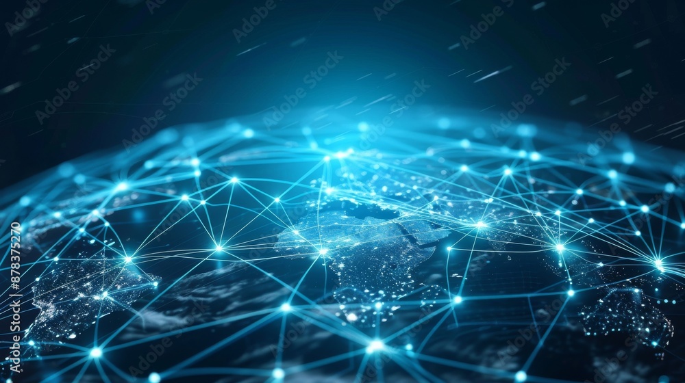 A glowing blue earth with a network of lines and points representing global connection and communication. A glowing blue earth with a network of lines and points representing global connection and communication.