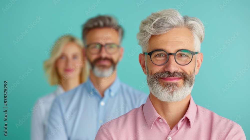 Smiling senior man with glasses in foreground, middle-aged people in the background, group portrait against teal background. Smiling senior man with glasses in foreground, middle-aged people in the background, group portrait against teal background.