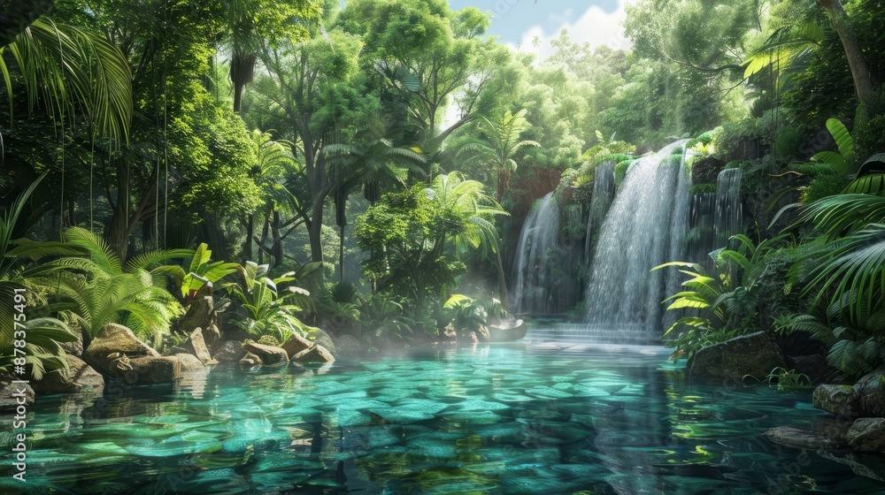 A lush tropical rainforest with a waterfall cascading into a crystal-clear pool A lush tropical rainforest with a waterfall cascading into a crystal-clear pool