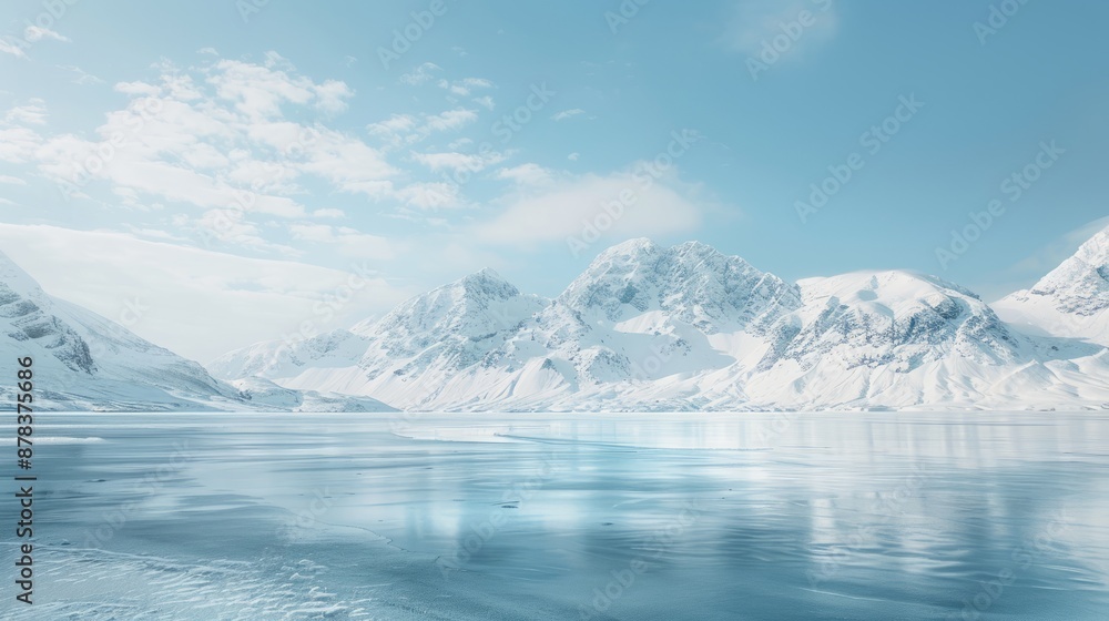 A majestic mountain range covered in snow, with a clear, crisp winter sky and a pristine, frozen lake in the foreground A majestic mountain range covered in snow, with a clear, crisp winter sky and a pristine, frozen lake in the foreground