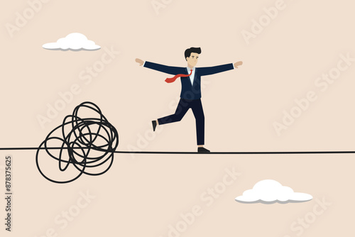 Leader skills to get through crisis situations, managing to solve risky problem concept, smart businessman balance acrobatics walking through problematic tightrope.