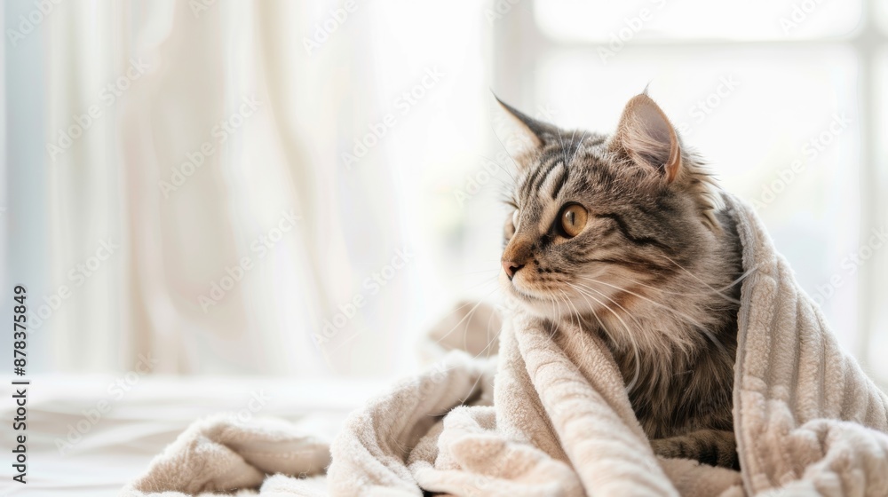 A cat relaxes on a bed covered in a cozy blanket, enjoying a pampering spa experience, copy space A cat relaxes on a bed covered in a cozy blanket, enjoying a pampering spa experience, copy space