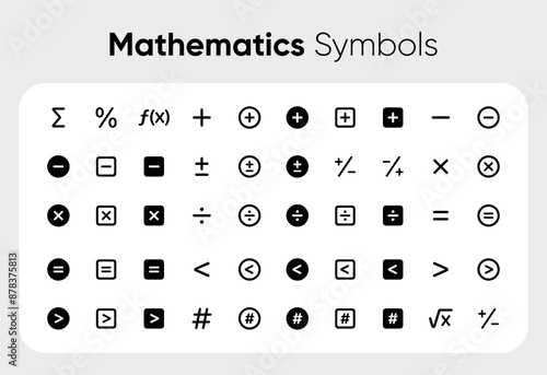 Math symbols, icon set. mathematical calculations. Collection of icons with plus, minus, root, greater than less than