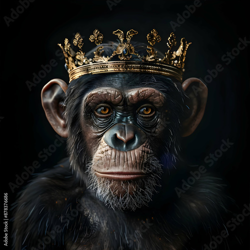 Regal chimpanzee wearing a golden crown, symbolizing authority and wisdom. Evocative and unique artwork on dark background.