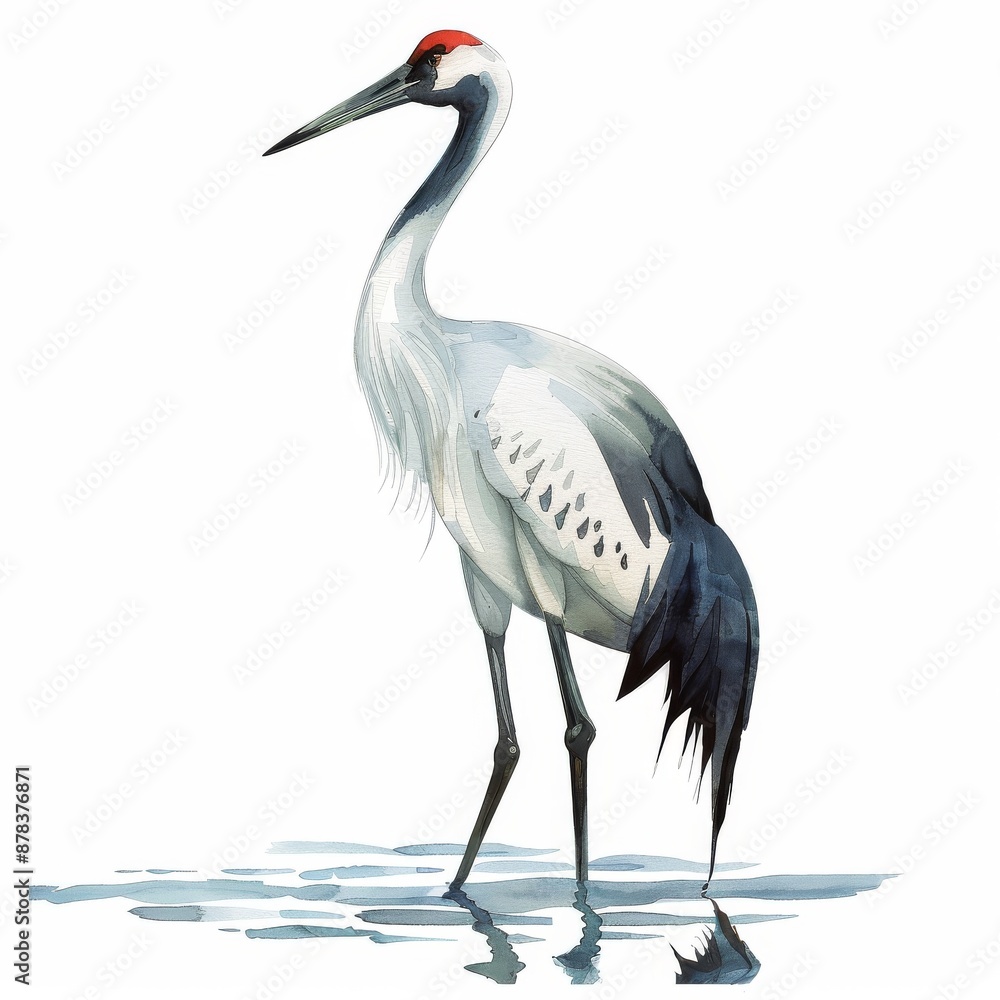 A graceful white crane with a red crown stands in shallow water, its long neck and legs extending elegantly. A graceful white crane with a red crown stands in shallow water, its long neck and legs extending elegantly.
