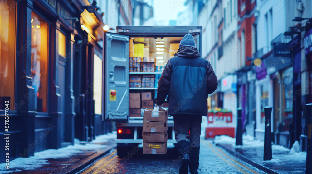 Delivery worker unloading boxes from a truck on a snowy urban street Delivery worker unloading boxes from a truck on a snowy urban street