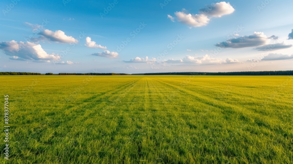 Vast green field under a bright blue sky with scattered white clouds, showcasing nature's beauty and tranquility on a sunny day. Vast green field under a bright blue sky with scattered white clouds, showcasing nature's beauty and tranquility on a sunny day.