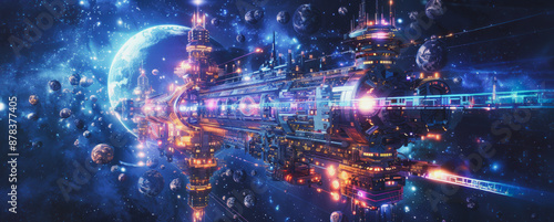 Futuristic city spaceship flying past blue planet in space