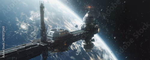 Space station orbiting earth with asteroids and debris