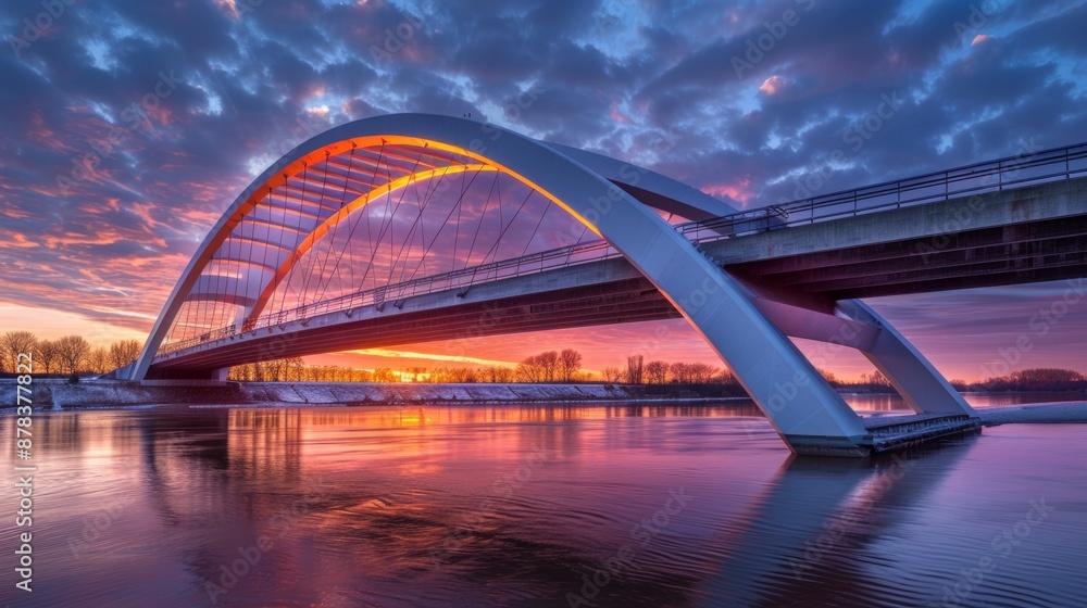 Obraz premium An impressive modern bridge spanning across a wide river, with its sleek lines and structural beauty showcased against a dramatic sunset sky