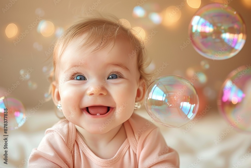 Adorable baby smiling with joy surrounded by bubbles, capturing the essence of childhood and happiness in a warm, soft light setting. Adorable baby smiling with joy surrounded by bubbles, capturing the essence of childhood and happiness in a warm, soft light setting.