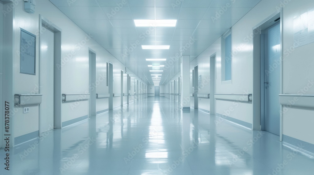 A long, sterile hallway in a modern building, with white walls, a shiny floor and evenly spaced doors. A long, sterile hallway in a modern building, with white walls, a shiny floor and evenly spaced doors.