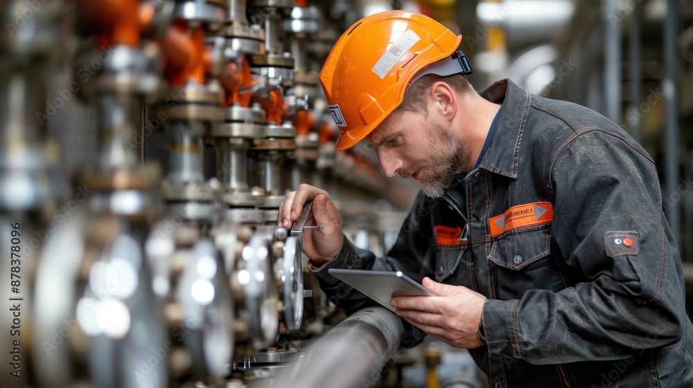 Engineer inspecting industrial pipeline system, wearing orange hard hat and uniform, using tablet for data entry. Engineer inspecting industrial pipeline system, wearing orange hard hat and uniform, using tablet for data entry.