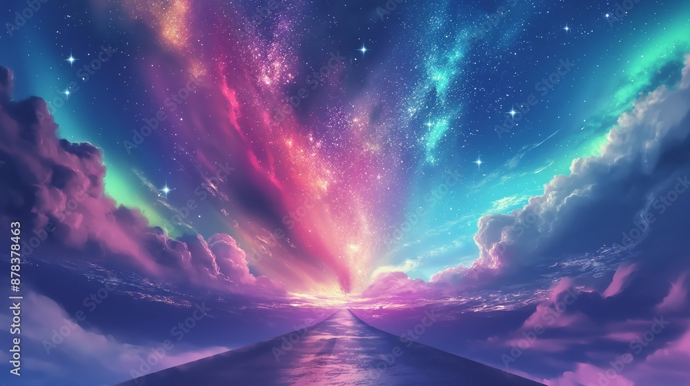 A colorful sky with a rainbow and stars, anime background A colorful sky with a rainbow and stars, anime background