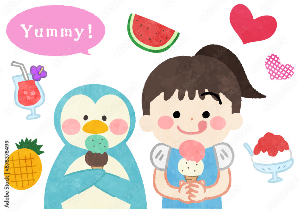 笑顔でアイスクリームを食べる子供とペンギンのイラスト 笑顔でアイスクリームを食べる子供とペンギンのイラスト