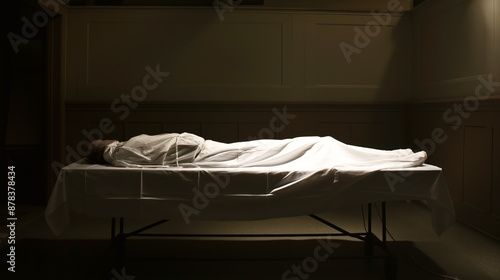 Serene image featuring a human figure covered by a sheet on a table in a dimly lit room