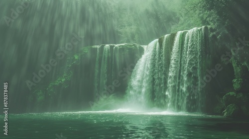 A majestic waterfall cascades down a lush green cliff, creating a serene and mystical atmosphere in a tropical rainforest.