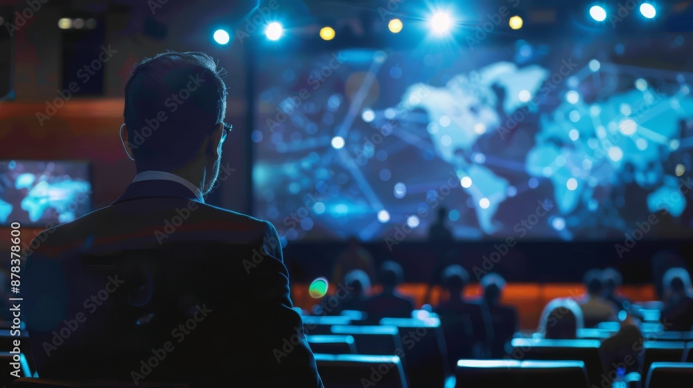 A man in a suit sits in the audience at a conference, watching a presentation on a large screen. A man in a suit sits in the audience at a conference, watching a presentation on a large screen.