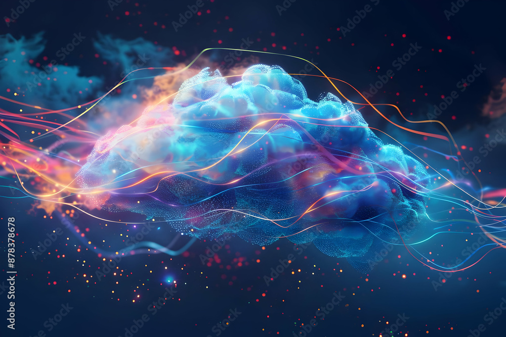 Vivid digital art of a glowing cloud amidst a dark starry background, featuring colorful streaks and particles. Futuristic cloud computing concept. Vivid digital art of a glowing cloud amidst a dark starry background, featuring colorful streaks and particles. Futuristic cloud computing concept.