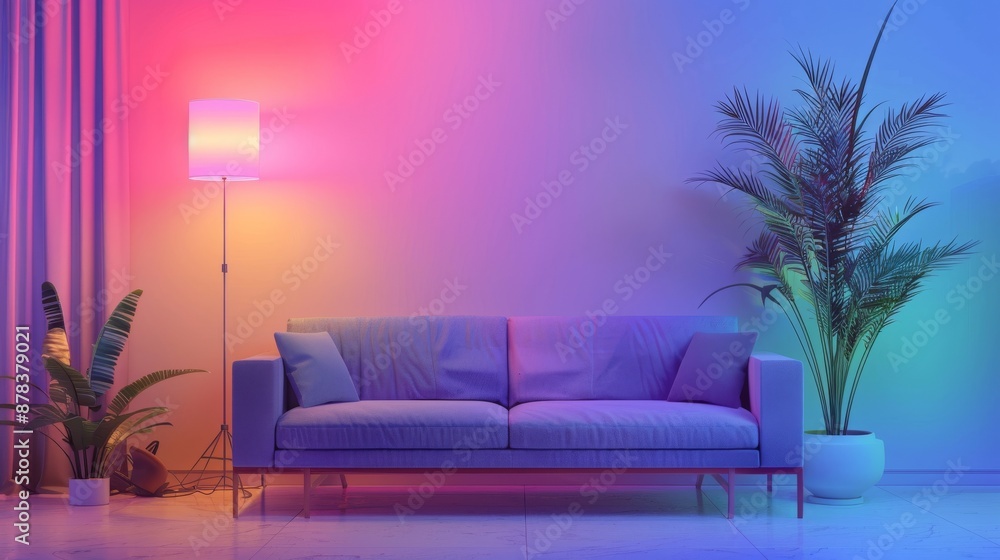 A modern living room with a gray couch, a floor lamp, and potted plants bathed in colorful gradient lighting. A modern living room with a gray couch, a floor lamp, and potted plants bathed in colorful gradient lighting.