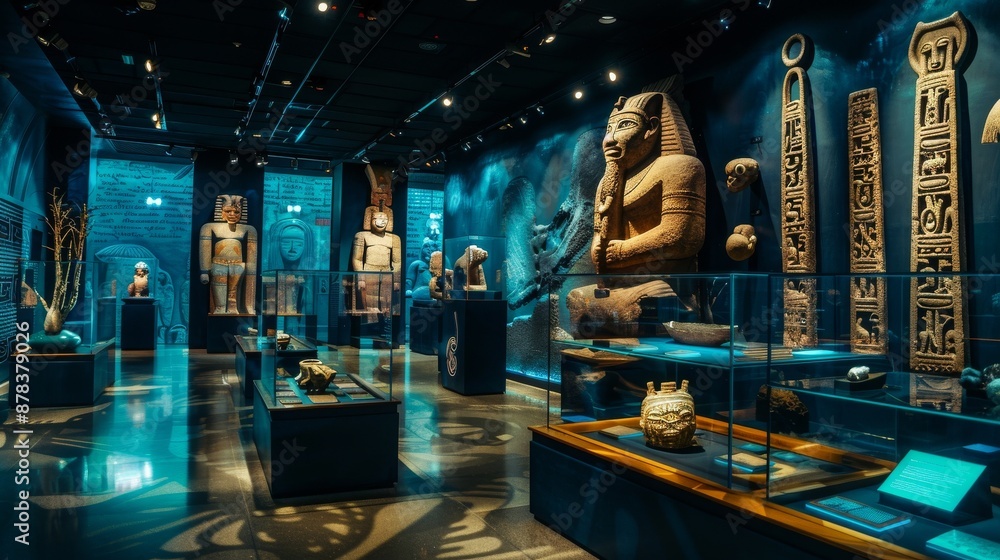 A modern museum exhibit showcasing ancient Egyptian artifacts, with statues, pottery, and other historical relics on display.