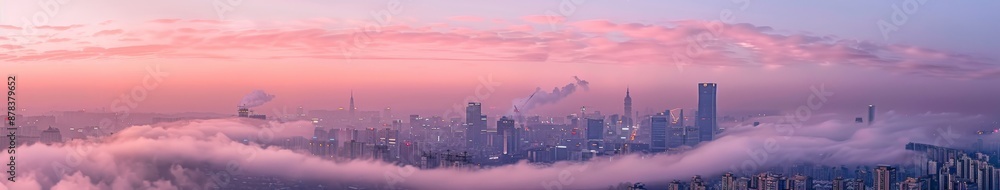 Fototapeta premium Surreal Abstract Cityscape Emerging from a Sea of Pink Mist: Dreamlike Urban Life at Dawn, Perfect for Nature-Inspired Morning Publications, AI-Generated High-Resolution Wallpaper.