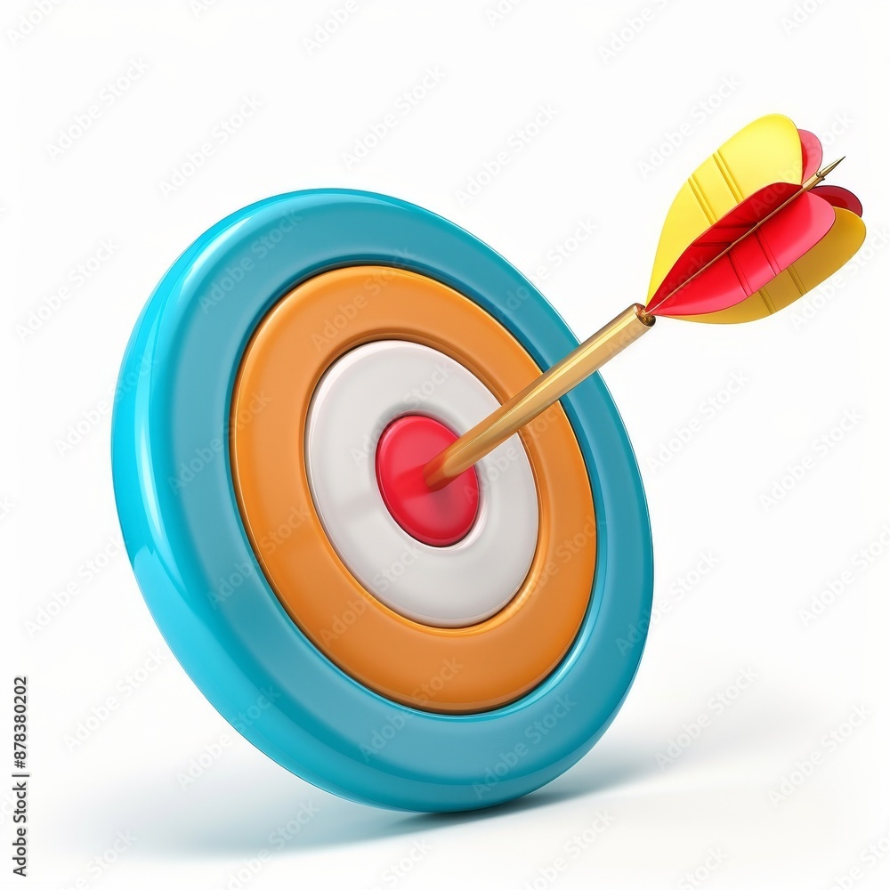 A red and yellow dart hits the center of a colorful target. A red and yellow dart hits the center of a colorful target.