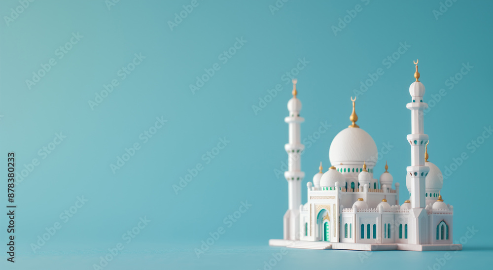 Obraz premium Miniature mosque isolated on blue background with copy space for Islamic celebration day ramadan kareem or eid al fitr adha