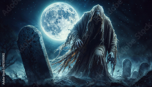 A revenant rises from its grave under the full moon, draped in ancient, tattered robes. Happy Halloween