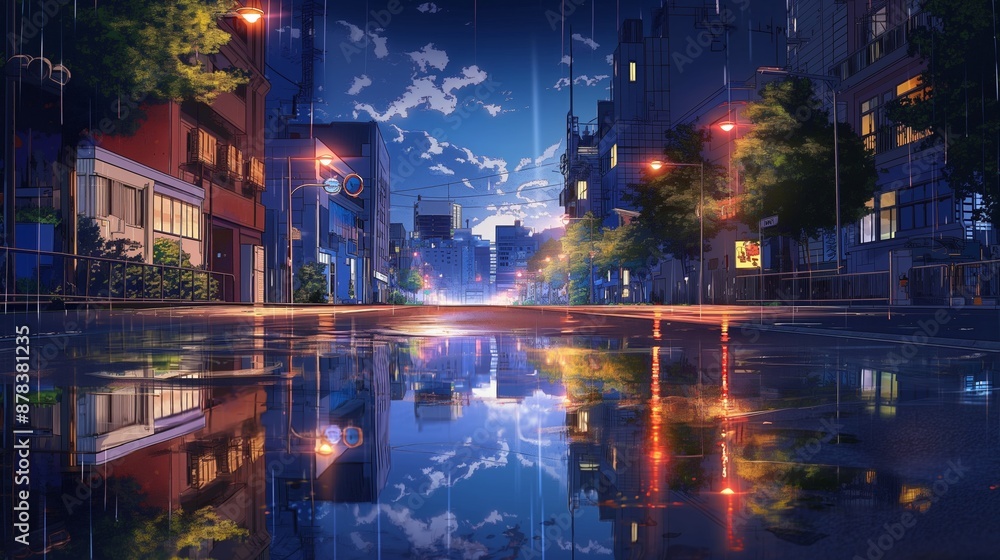 Fototapeta premium Scene is calm and peaceful, with the water reflecting the city lights
