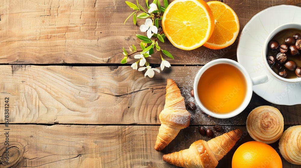 A rustic wooden table with coffee, croissants, orange slices, and orange blossoms. Perfect for breakfast or brunch. A rustic wooden table with coffee, croissants, orange slices, and orange blossoms. Perfect for breakfast or brunch.