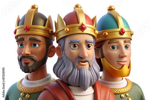 Vibrant 3D cartoon depicting The Three Wise Men on Epiphany, featuring plasticine texture, transparent background for versatile use in print and digital art photo