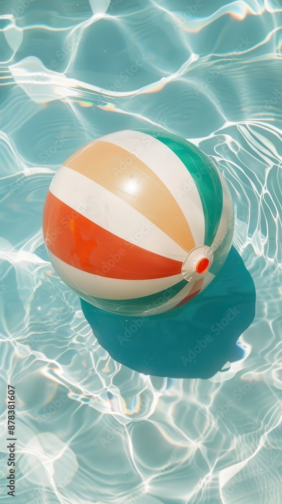 Obraz premium A colorful beach ball floating in the water of an outdoor swimming pool, with clear blue and white tiles visible beneath it.