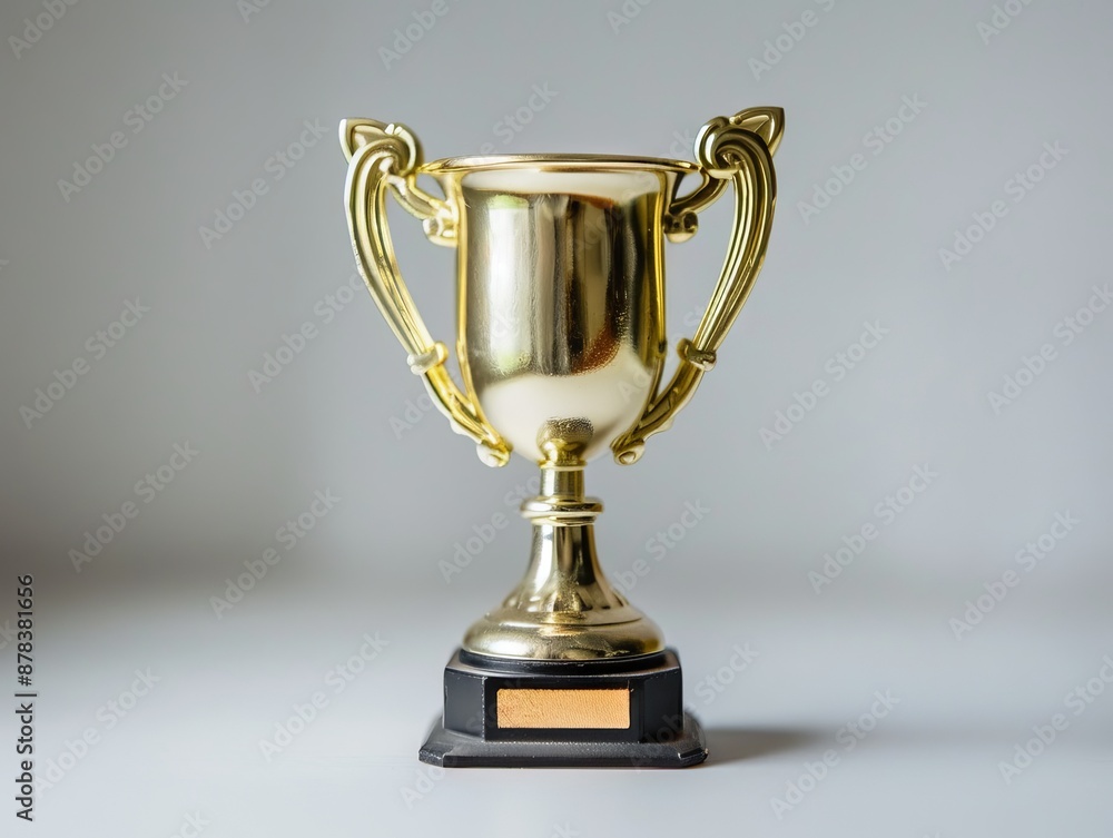 A shiny gold trophy with a blank nameplate sits on a gray background. The trophy has two ornate handles and a black base. A shiny gold trophy with a blank nameplate sits on a gray background. The trophy has two ornate handles and a black base.