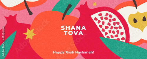 Rosh Hashana, Rosh Hashanah, Jewish New Year greeting card, cover, holiday web banner, poster. Hand drawn illustration design template with apple and pomegranate pattern in trendy modern art style