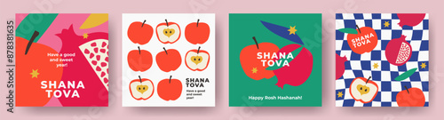 Rosh Hashana, Rosh Hashanah, Jewish New Year greeting card, cover, web or social media banner set. Hand drawn illustration, vector design with apple and pomegranate pattern in trendy modern art style