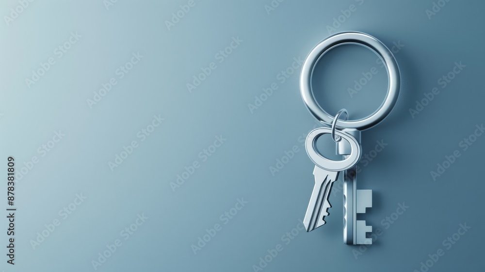 A silver key ring with two keys hanging on it against a blue background. A silver key ring with two keys hanging on it against a blue background.