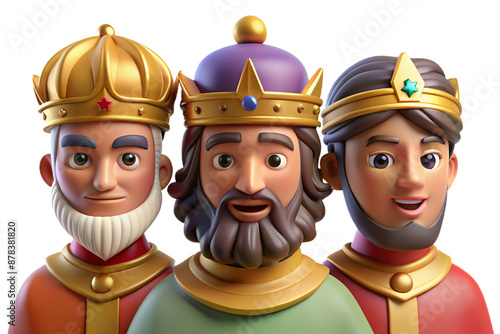 Vibrant 3D cartoon depicting The Three Wise Men on Epiphany, featuring plasticine texture, transparent background for versatile use in print and digital art photo