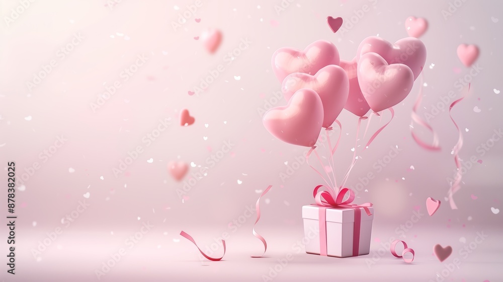 A gift box floating in the air with pink heart-shaped balloons. A gift box floating in the air with pink heart-shaped balloons.